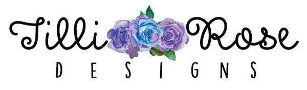 A logo-style graphic reading 'Tilli Rose DESIGNS' with a watercolor floral cluster in purple, blue, and green between the words on a white background.